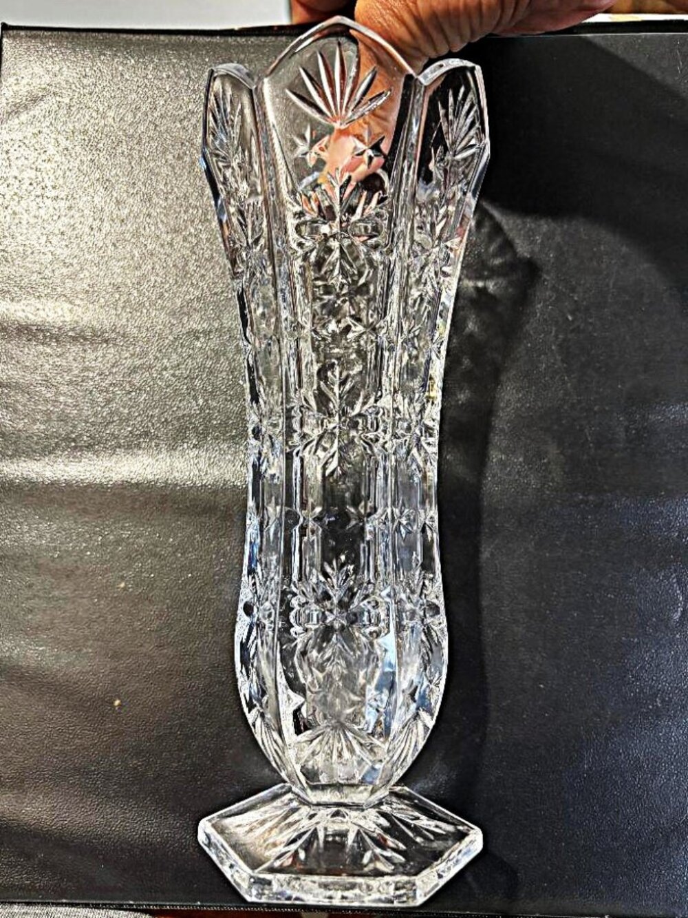 Vintage DePlomb 24% Lead Crystal Snowflake Clear 6-sided Vase - 8" Pedestal Base